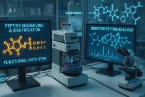 High-tech laboratory scene showing peptide sequencing and identification for functional nutrition, with molecular structures and bioactive peptide analysis equipment