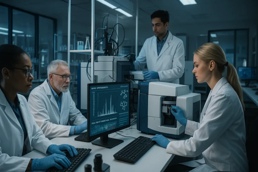 High-tech laboratory with scientists analyzing peptide sequences using mass spectrometry and AI-assisted software for functional nutrition research