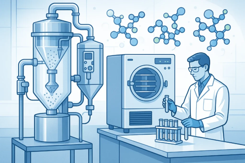 Precision drying of heat-sensitive peptides in a high-tech laboratory setting, showing drying equipment and bioactive peptide molecular structure.