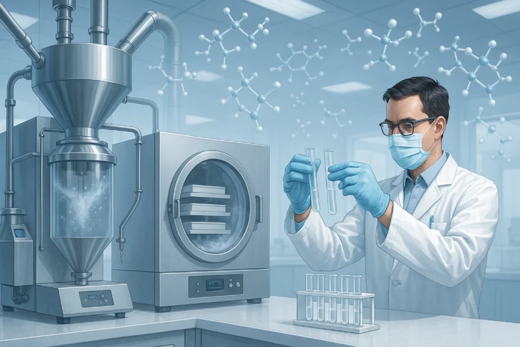 High-tech laboratory showing precision drying of heat-sensitive peptides, with spray dryer, freeze dryer, and scientists handling peptide samples.