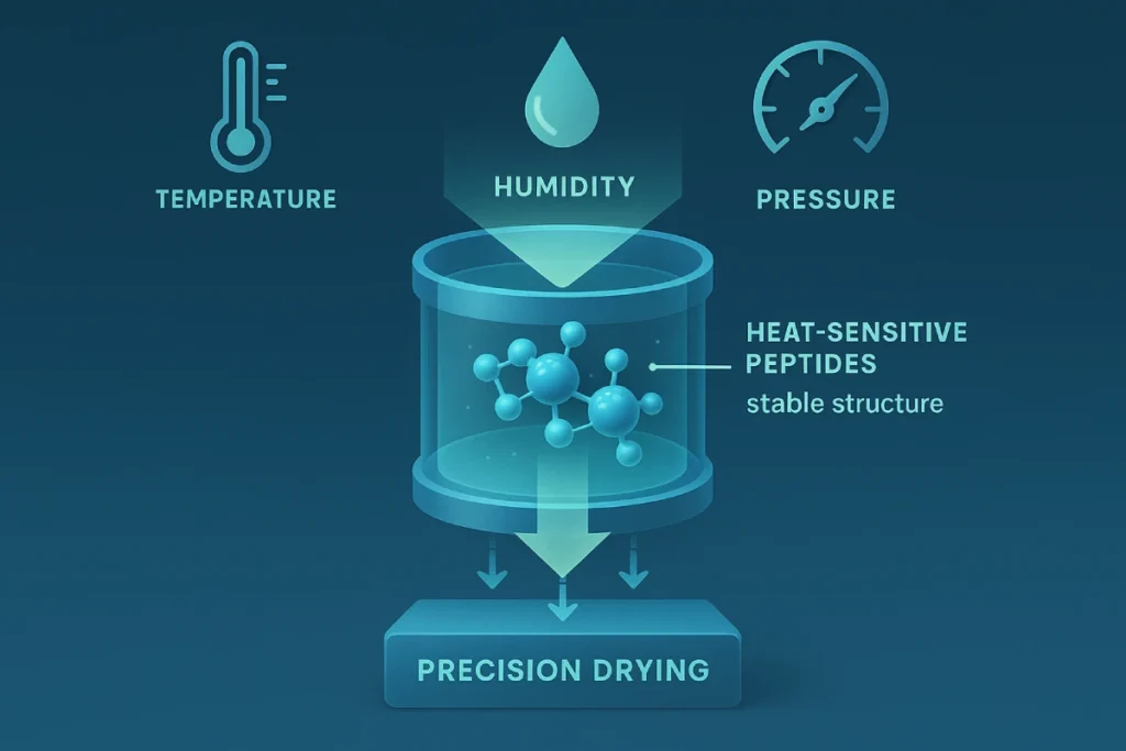 Abstract diagram illustrating precision drying process for heat-sensitive peptides, showing controlled temperature, humidity, pressure, and improved peptide stability.