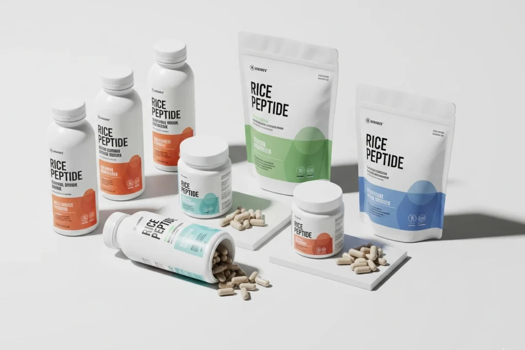 3D molecular structure of rice peptides, bioactive protein fragments, scientific visualization, futuristic lab background, functional nutrition concept, realistic and professional style, suitable for B2B health product article