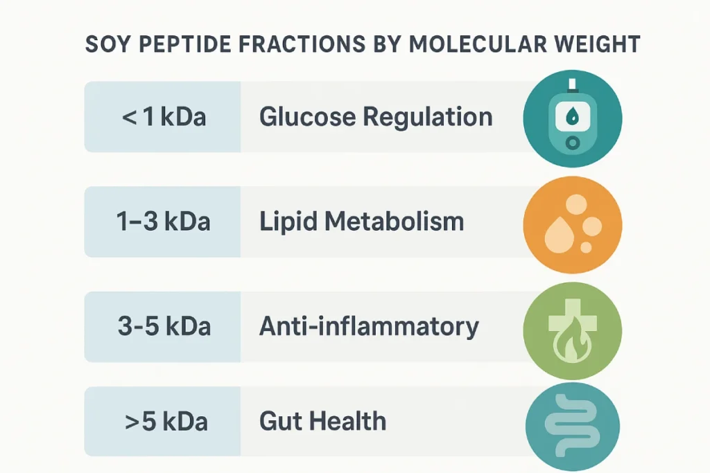 Illustration of soy peptide fractions interacting with metabolic pathways for glucose, lipid, inflammation, and gut health support