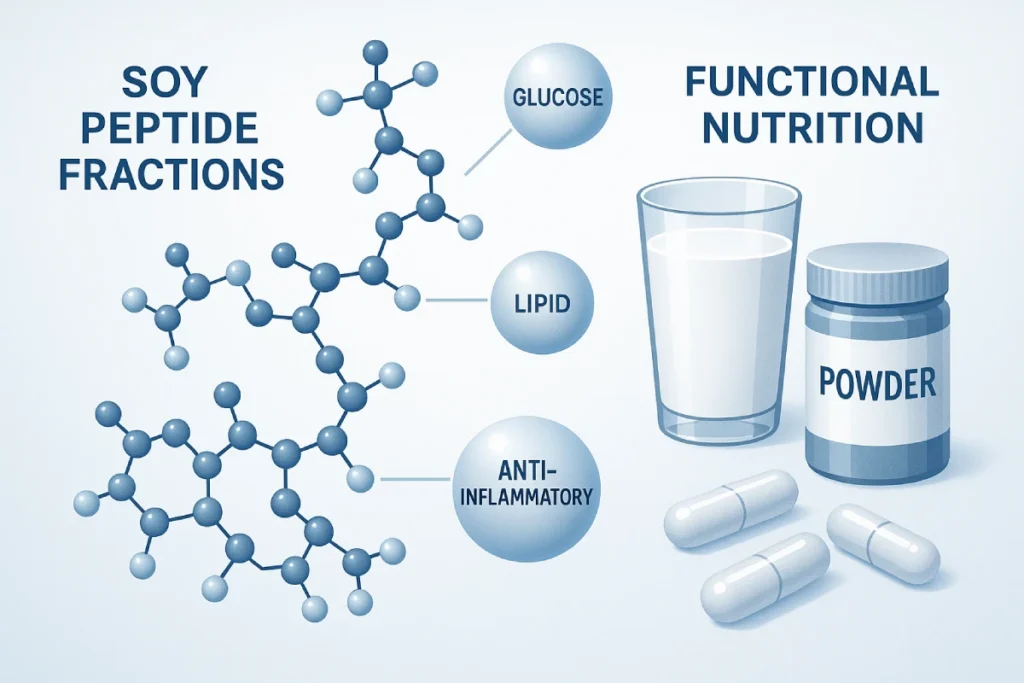 Illustration of soy peptide fractions with molecular structure and functional nutrition applications for metabolic health