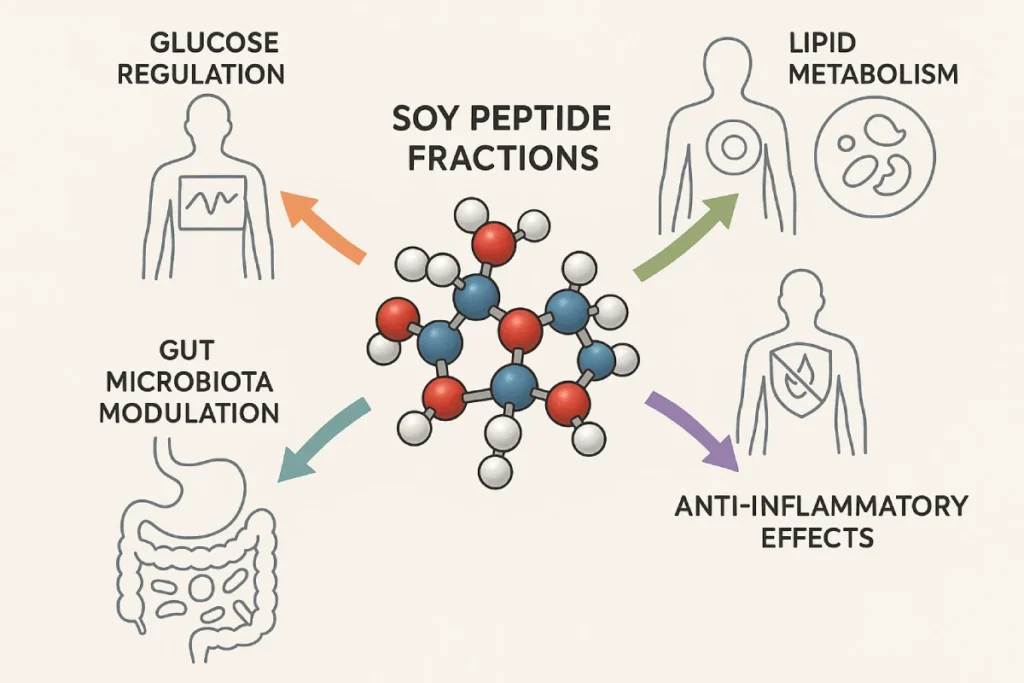 Illustration of soy peptide fractions interacting with metabolic pathways for glucose, lipid, inflammation, and gut health support