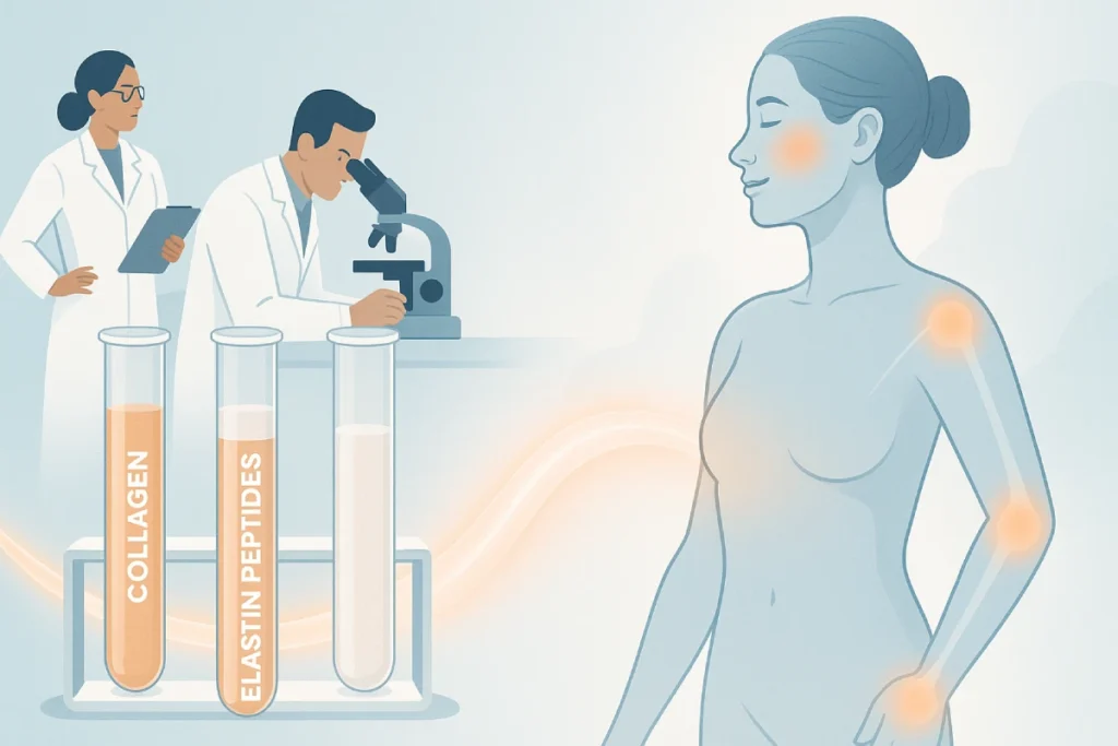 Collagen and elastin dual peptides for skin and joint health, showcasing scientific research and functional nutrition benefits