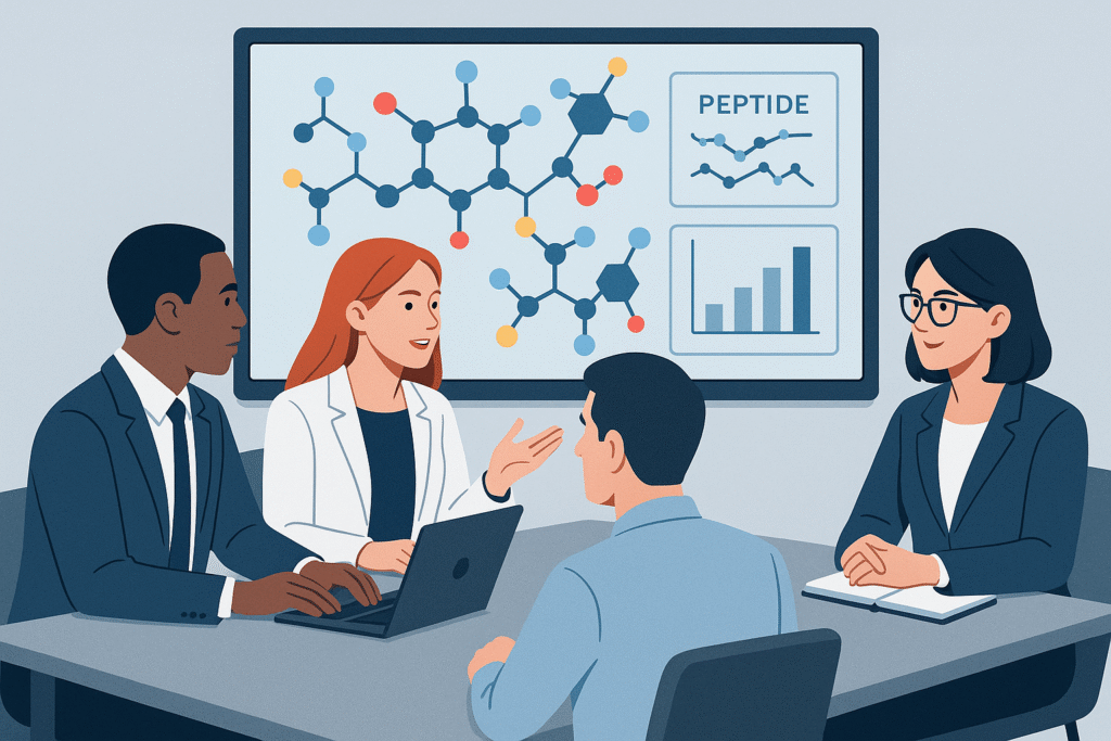 B2B professionals discussing peptide ingredient branding with molecular models and formula charts, illustrating co-branding collaboration.