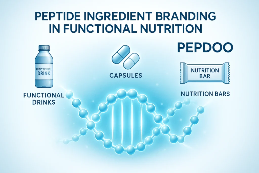 High-tech molecular peptide structure connecting nutrition product icons, symbolizing peptide ingredient branding and consumer trust for B2B brands by PEPDOO®
