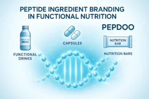 High-tech molecular peptide structure connecting nutrition product icons, symbolizing peptide ingredient branding and consumer trust for B2B brands by PEPDOO®