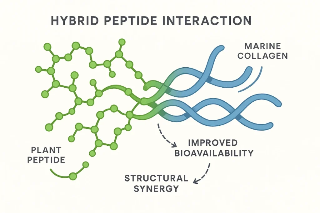 Diagram showing molecular synergy between plant-derived peptides and marine collagen peptides for improved bioavailability and functional performance