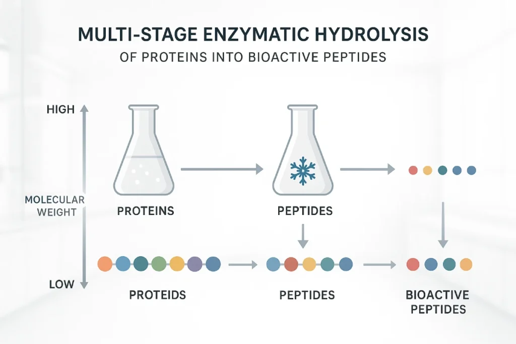 Diagram of multi-stage enzymatic hydrolysis process for producing targeted bioactive peptides with controlled molecular weight by PEPDOO, full-category peptide manufacturer.