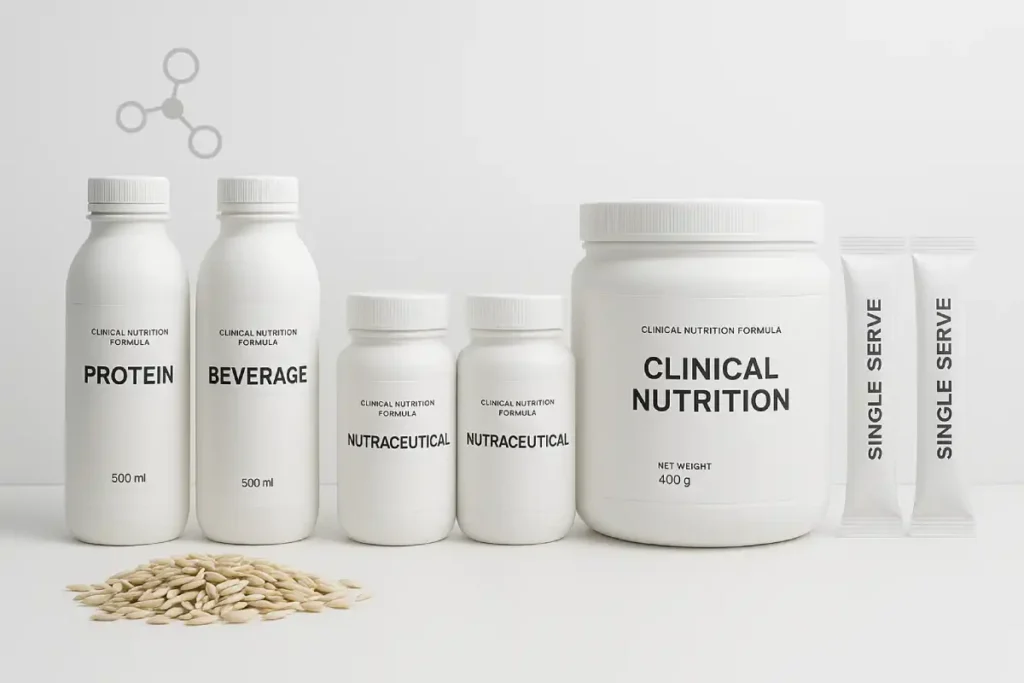 Functional food applications with oat peptides including nutritional beverages, powder sachets and FSMP products on lab-like clean background