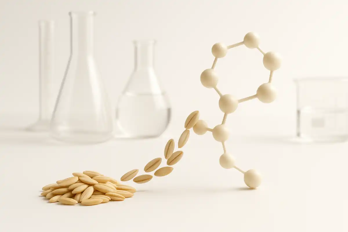 Oat peptides for blood sugar control in functional nutrition, analytical lab scene with oat grains and molecular peptide visualization