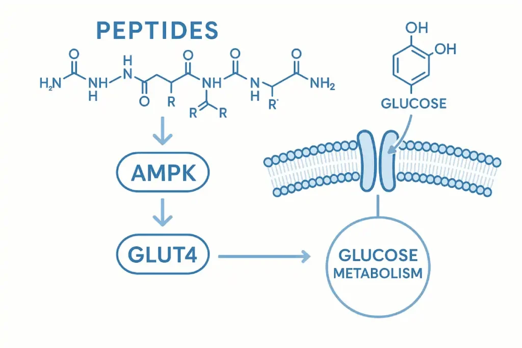 Scientific illustration of oat peptides improving glucose metabolism and insulin sensitivity through AMPK and GLUT4 pathways