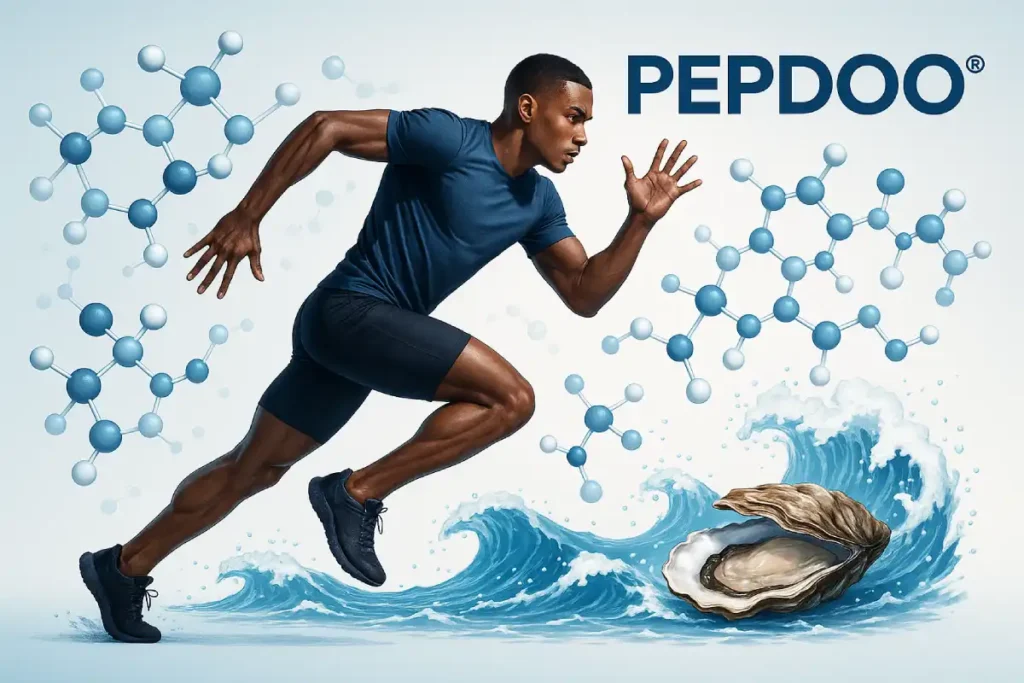 Oyster peptides enhancing men’s energy and endurance in functional nutrition formulations by PEPDOO® peptide factory.