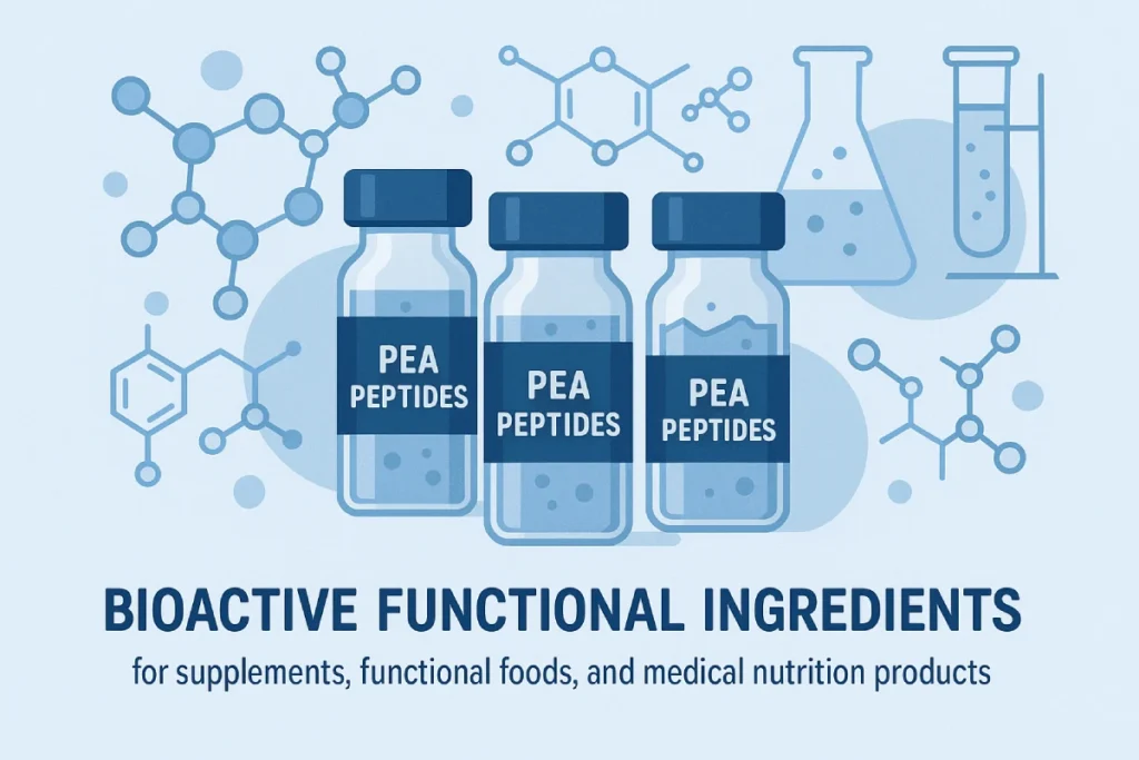 B2B style illustration of pea peptides in vials, molecular diagrams, and lab equipment in the background, highlighting bioactive functional ingredients for supplements, functional foods, and medical nutrition products. Modern clean design, suitable for website header or article inline image.