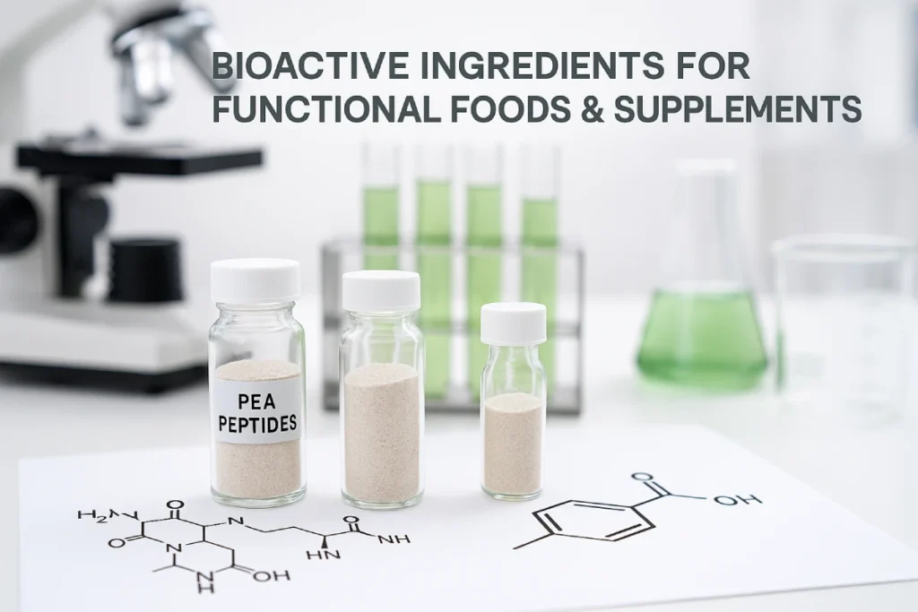 Professional B2B style image showing a functional nutrition workspace with pea peptides in vials, molecular diagrams, and lab equipment in background, highlighting bioactive ingredients for functional foods and supplements, modern clean design, suitable for website header