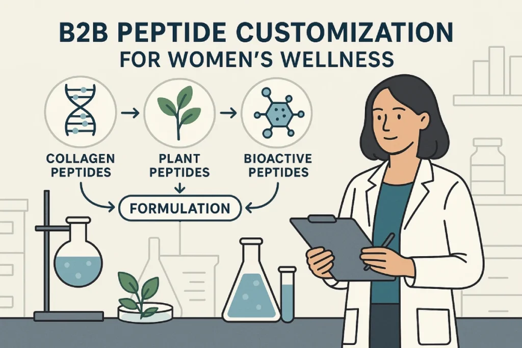 PEPDOO® customized peptide solutions for B2B brands in women’s wellness, highlighting collagen, plant, and bioactive peptides in functional nutrition