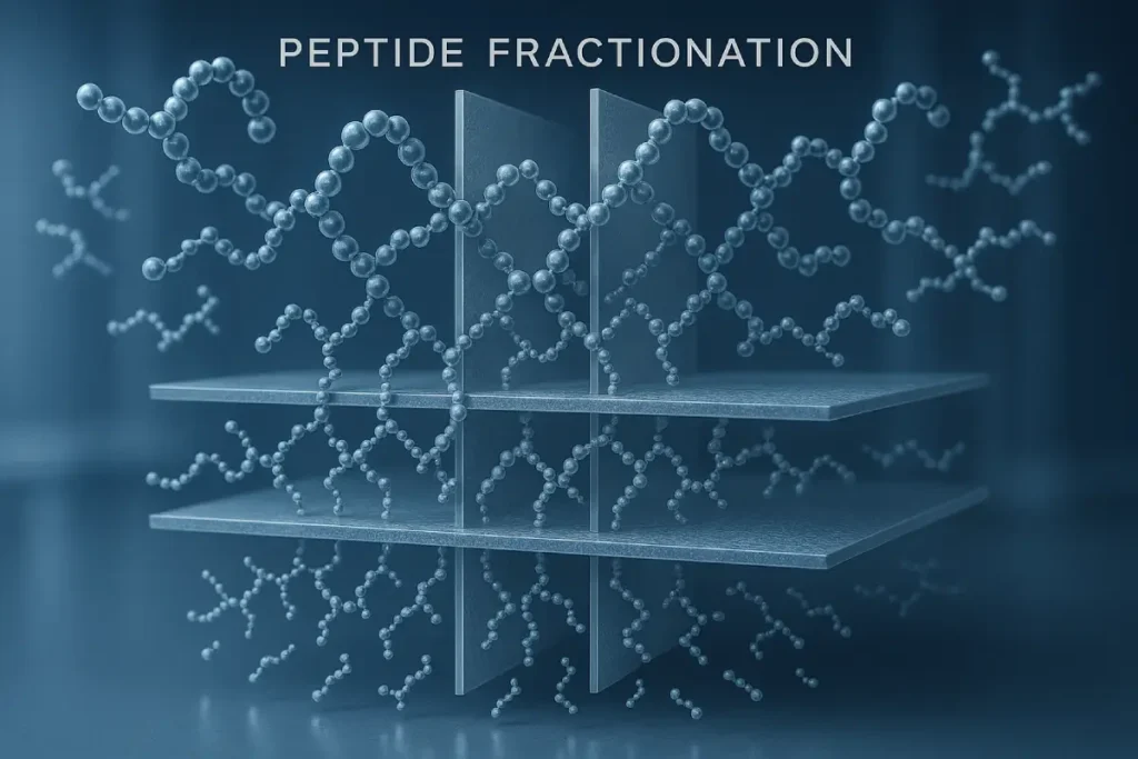 Peptide fractionation process visualized — separation of bioactive sub-sequences for functional nutrition applications by PEPDOO®.