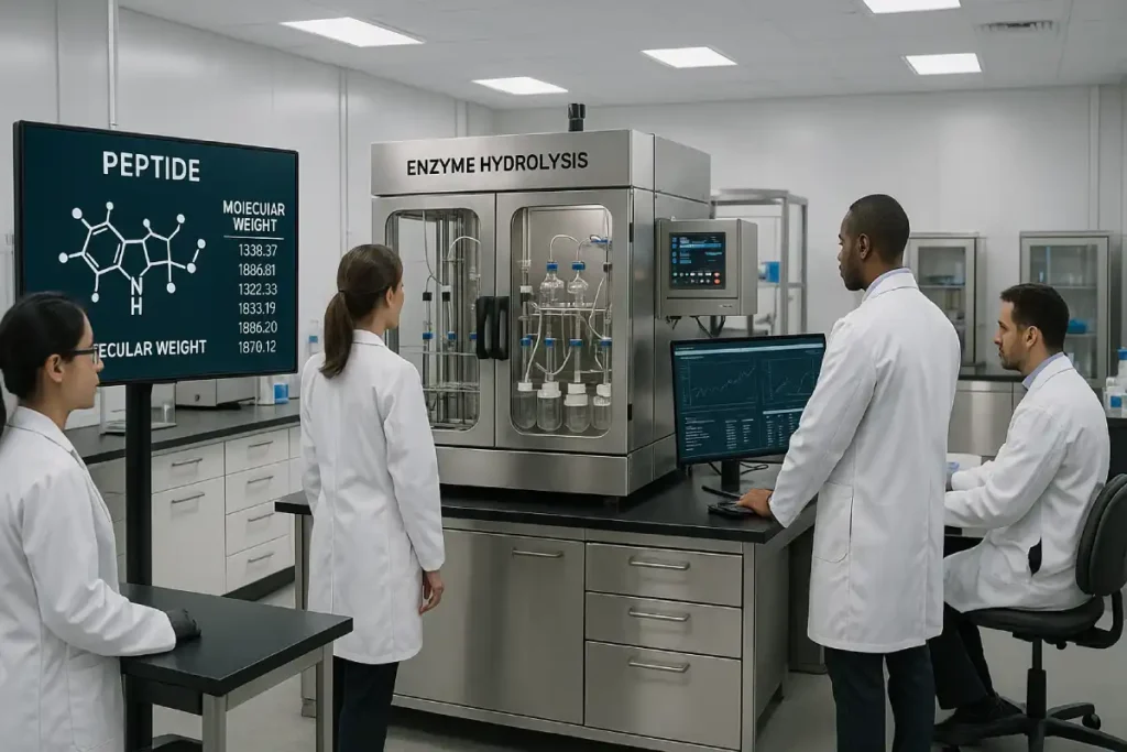 Scientific lab scene showing peptide manufacturing process with quality control measures, enzymes and lab technicians monitoring standardization.