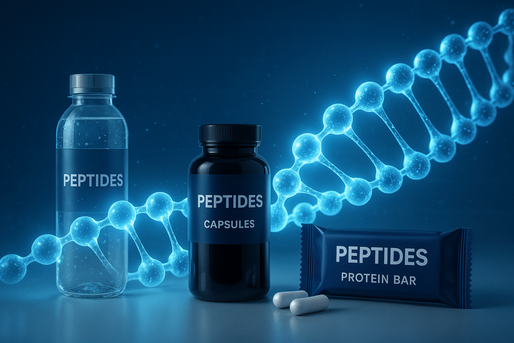 Glowing peptide chain connecting nutrition products, symbolizing peptide ingredient branding and consumer trust for B2B brands.