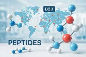 Illustration of peptide molecules with B2B supply chain connections, symbolizing standardization and quality control in functional nutrition.