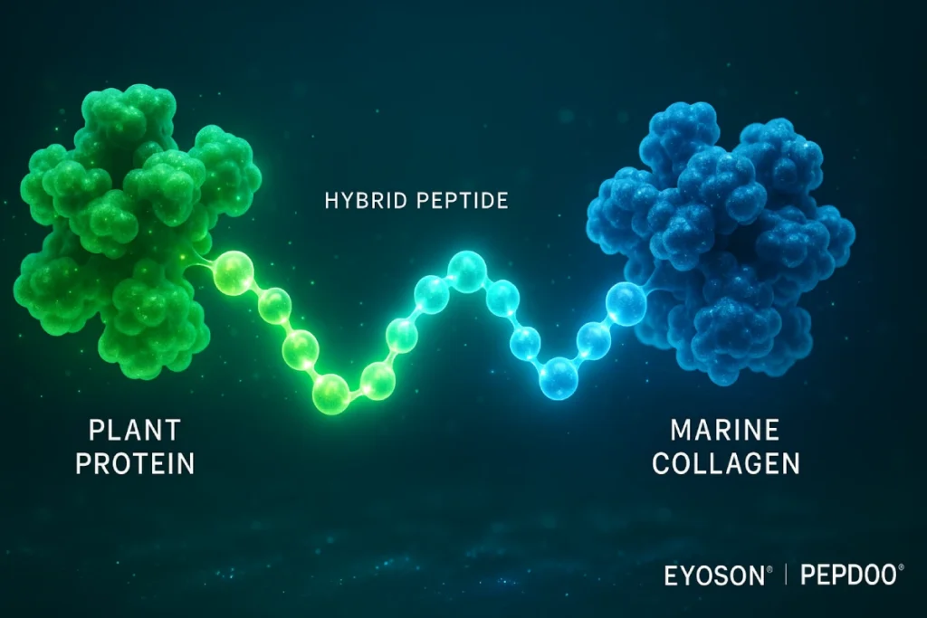 Plant–Marine hybrid peptides concept showing plant proteins merging with marine collagen strands for B2B functional nutrition innovation by PEPDOO