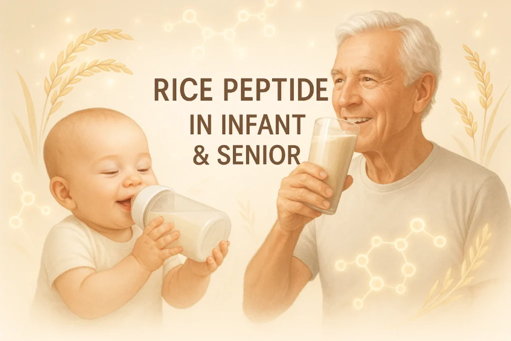 Rice peptide for infant and senior nutrition, hypoallergenic plant peptide ingredient by PEPDOO, functional food and FSMP manufacturer.