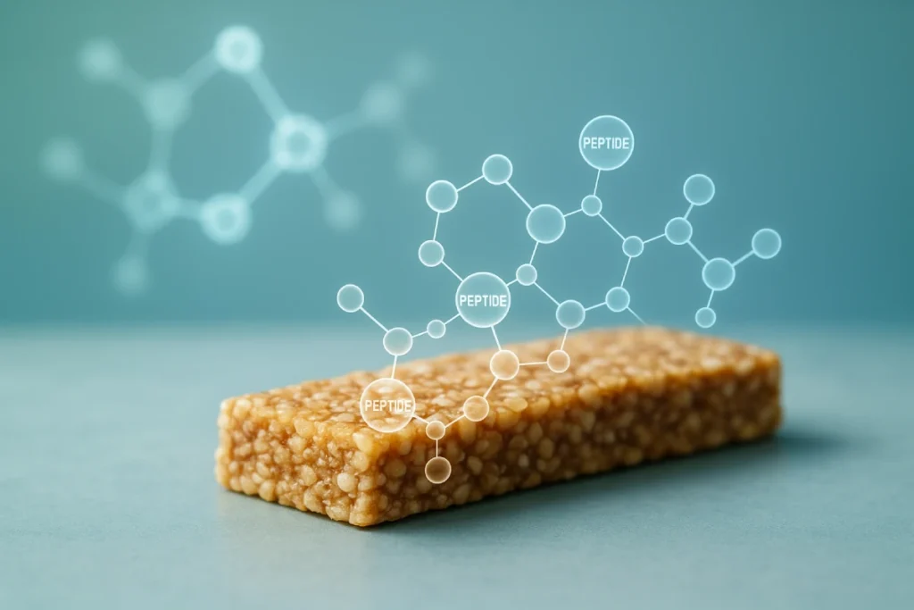 Bioactive peptides in functional snacks concept showing molecular structure and convenient on-the-go nutrition for B2B brands