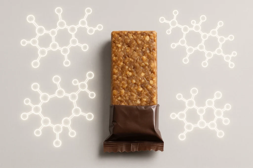 Functional snack bar enriched with bioactive peptides showing molecular structure overlay, representing science-backed nutrition for B2B brands