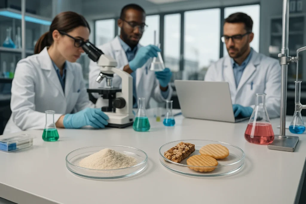 B2B product development concept showing scientists formulating functional snack products with bioactive peptides in a modern lab setting