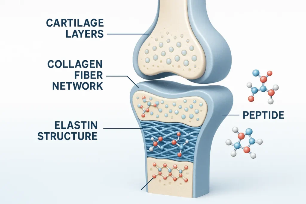 Diagram showing synergistic effects of collagen and elastin peptides on cartilage regeneration and tissue elasticity