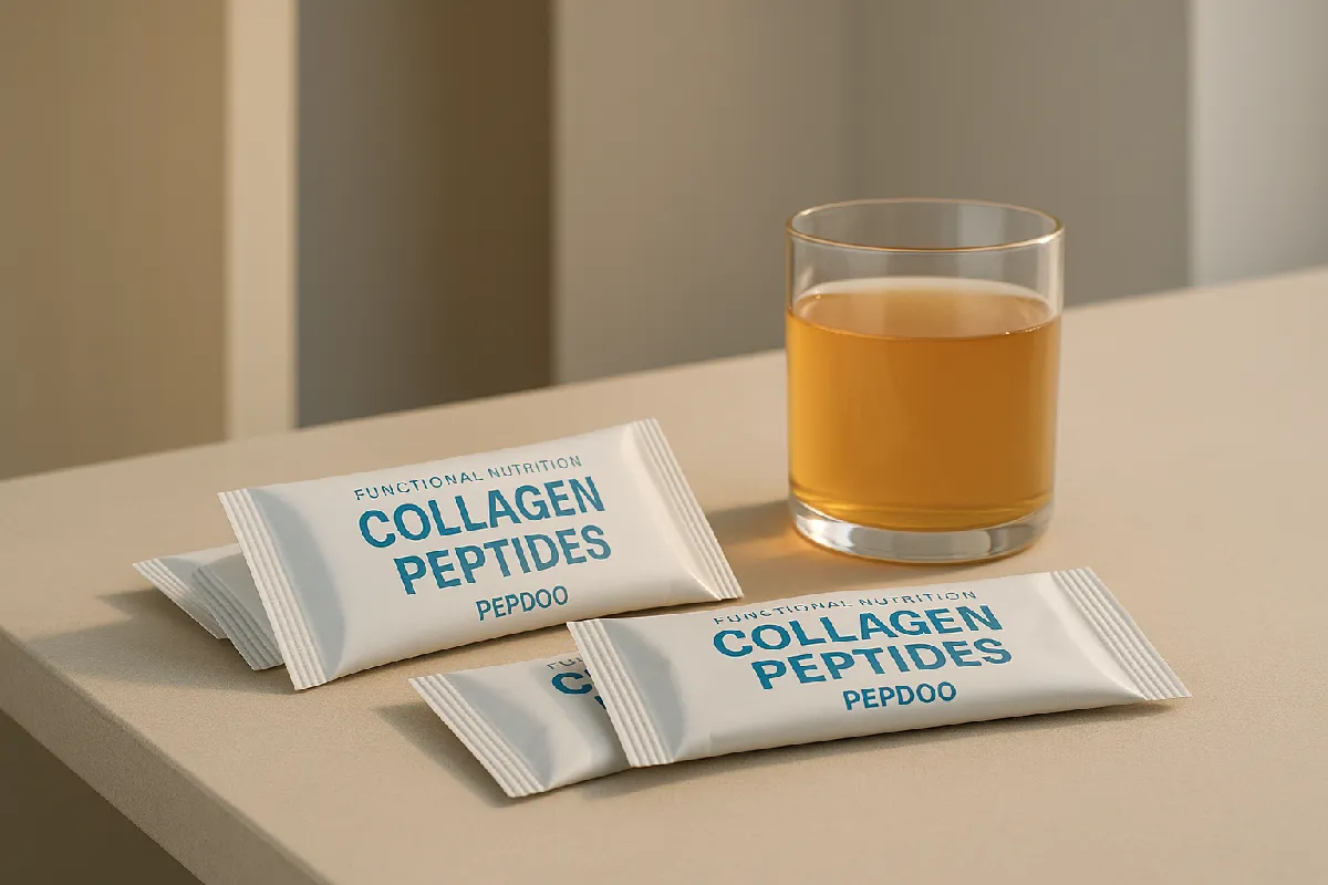 Collagen peptide sachets for functional foods on a professional B2B desk with PEPDOO® branding