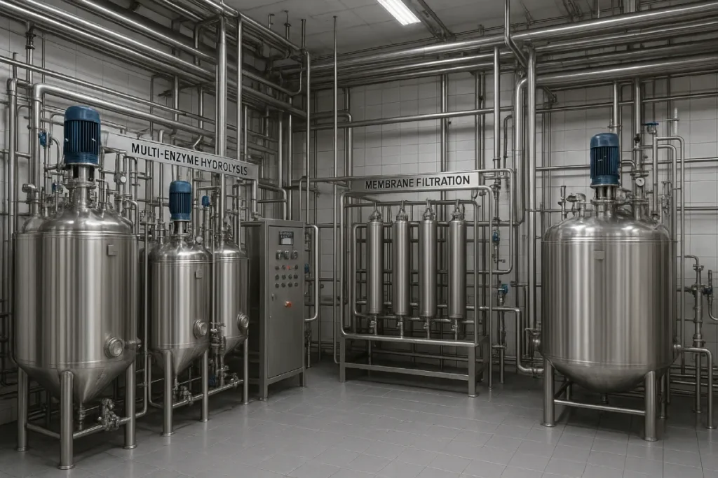 Multi-enzyme hydrolysis and membrane filtration process in peptide production for functional nutrition and medical nutrition manufacturing