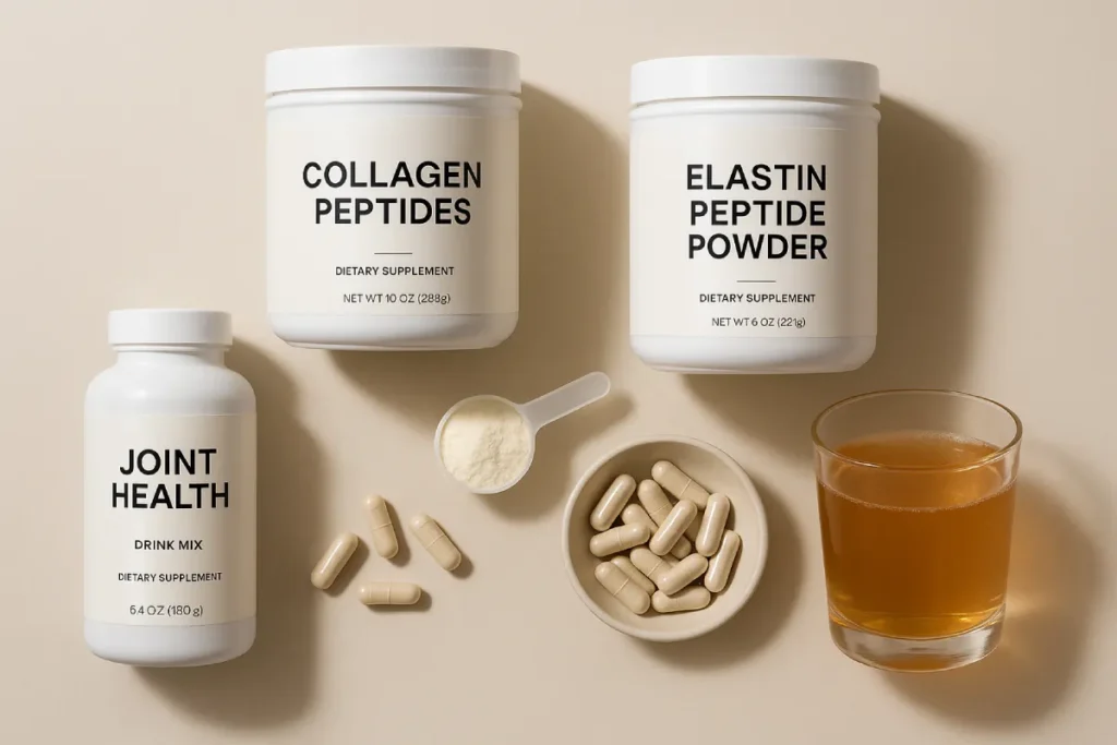 Functional nutrition products featuring collagen and elastin peptides for joint health — drinks, powders, and capsules