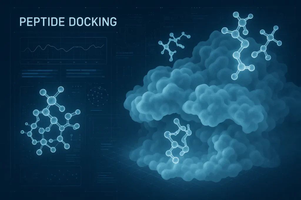 AI molecular docking visualizing peptide binding sites for functional nutrition R&D at PEPDOO®