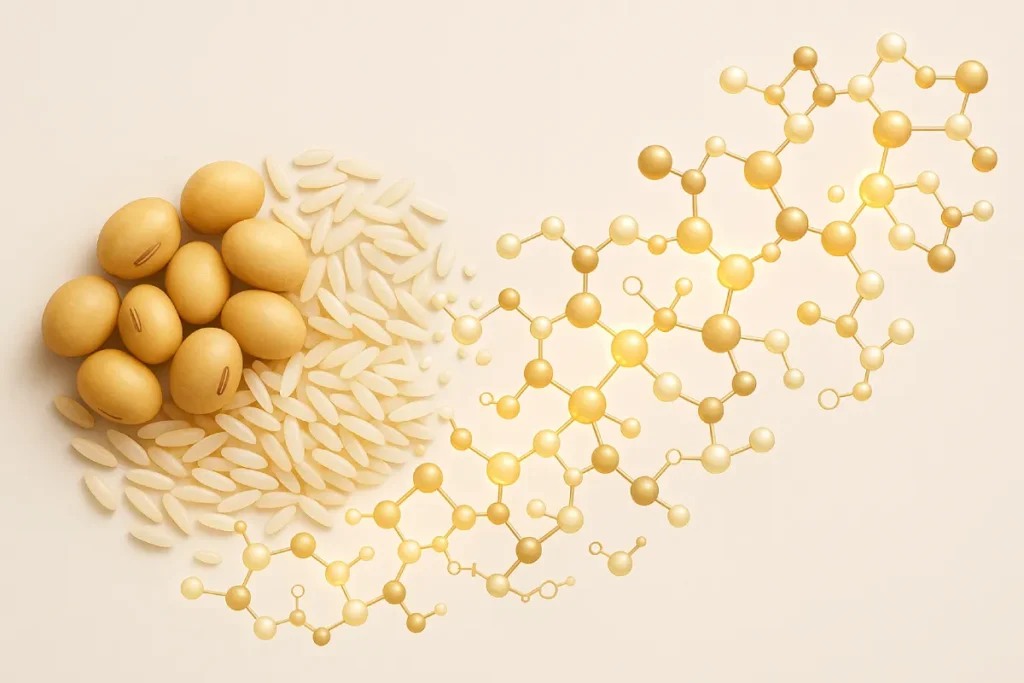 Soy and rice peptide amino acid synergy and molecular bioavailability illustration for functional nutrition manufacturers
